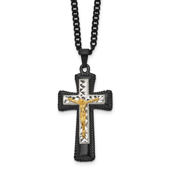 Steel Black IP-PLT Gold-PLT Silver-PLT Brass Crucifix 24in Curb Chain Necklace